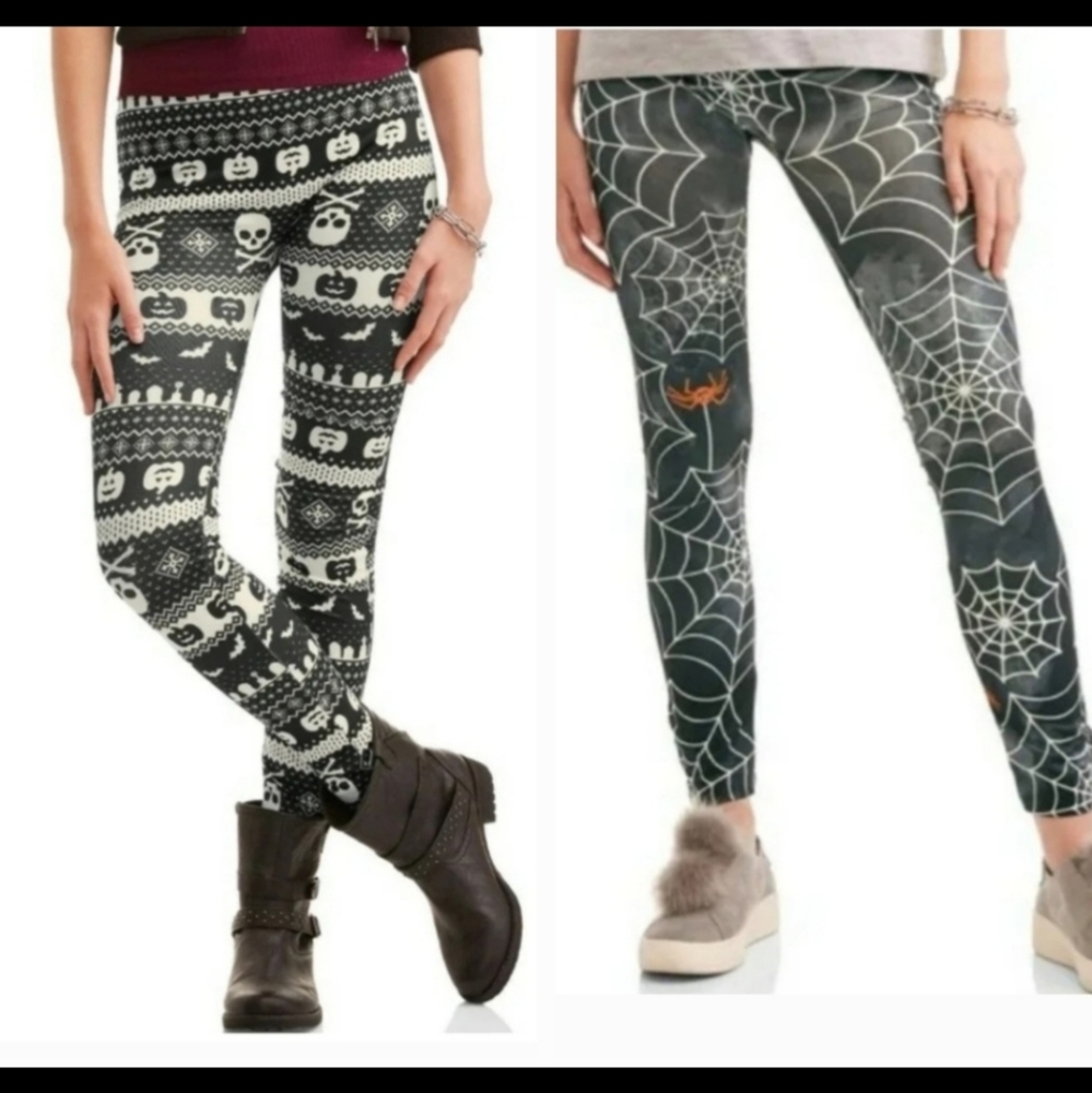 :*2 new Women juniors No Boundaries Halloween Pumpkins spiderweb  Leggings S 3-5